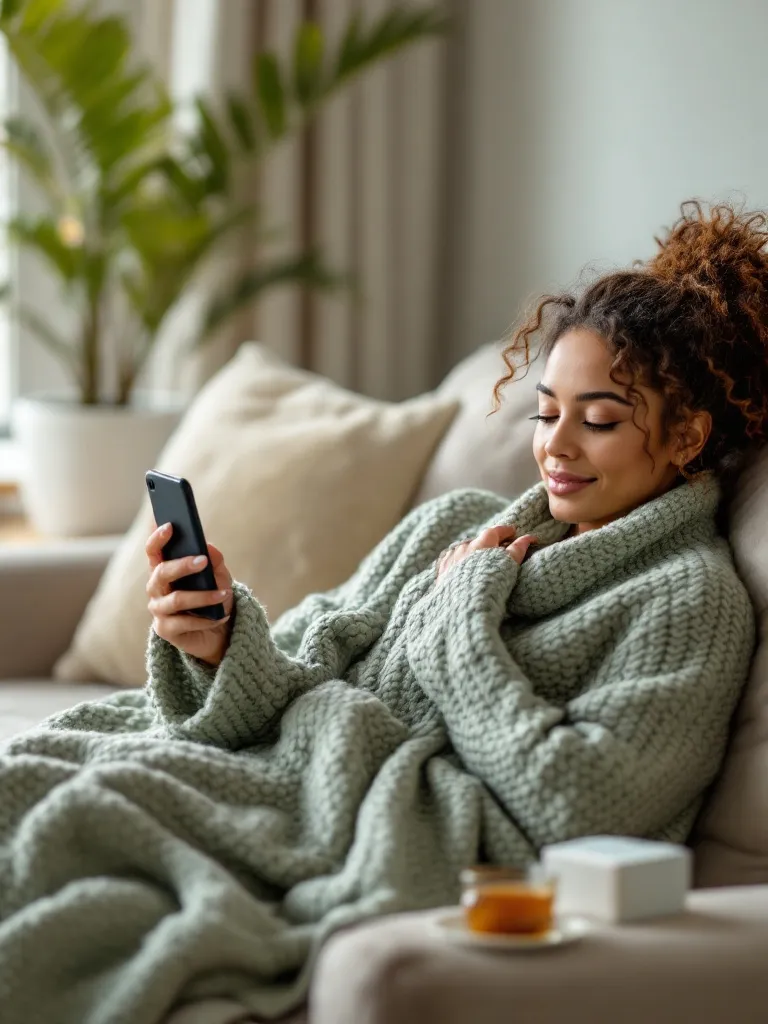 Frau mit Erkältung liegt in eine Decke gewickelt auf dem Sofa und nutzt ihr Smartphone für eine Videosprechstunde